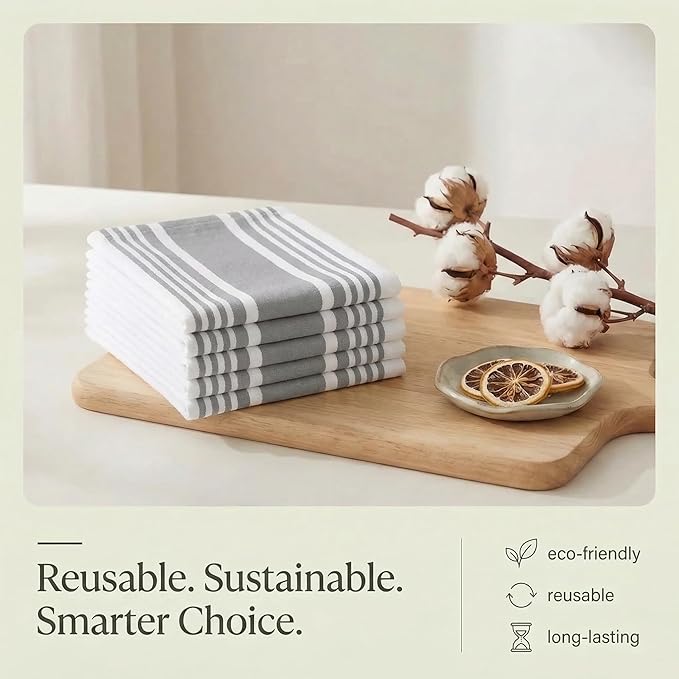 Urban Villa Kitchen Towels 100% Cotton Dish Towels for Kitchen (Set of 6) 20”x30” Dish Cloths Highly Absorbent Kitchen Linen Set with Hanging Loop Perfect for Drying Dishes Cleaning Towels-Grey White