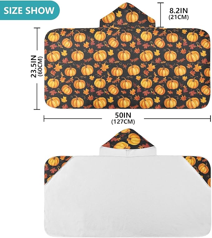 Kids Hooded Beach Towel Autumn Pumpkin Fall Maple Leaf Thanksgiving Hooded Boys Girls Towel Soft Bath Towels with Hood