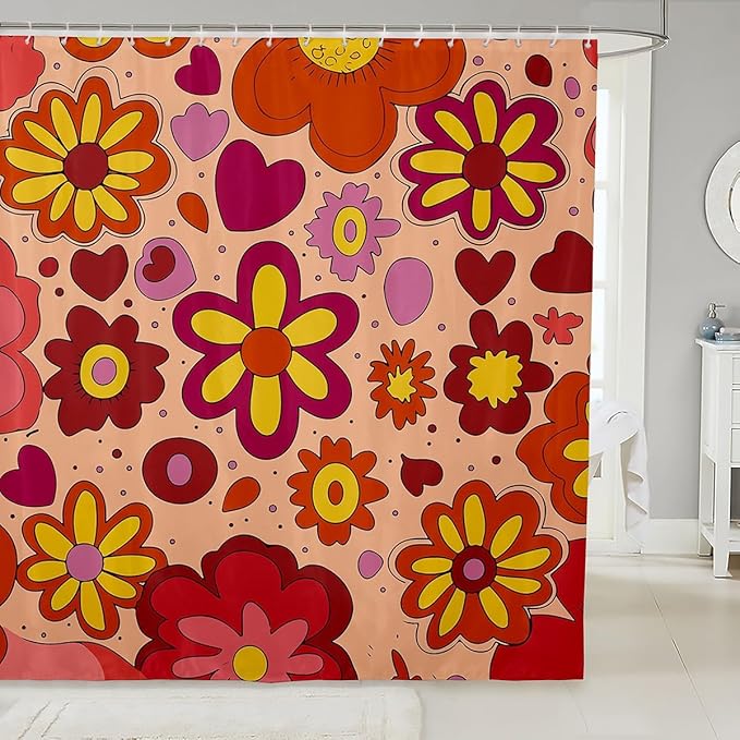 Vintage Boho Plant Floral Shower Curtain 60S 70S Groovy Rainbow Bathroom Shower Curtain Set for Boys Teens Retro Hippie Flower Bath Curtain Abstract Art Colorful Kids Bathroom Accessories 72"x84"