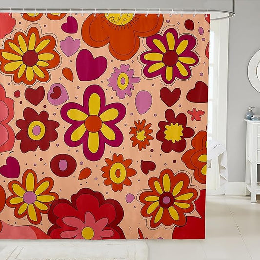 Vintage Boho Plant Floral Shower Curtain 60S 70S Groovy Rainbow Bathroom Shower Curtain Set for Boys Teens Retro Hippie Flower Bath Curtain Abstract Art Colorful Kids Bathroom Accessories 72"x84"