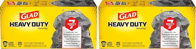 Glad ForceFlex Heavy Duty Large Trash Bags, Hold 80+ lb, 30 Gal, 25 Count, (Pack of 2), (Package May Vary)