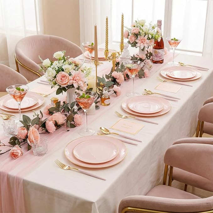 DaYammi 150Pcs Pink Plastic Plates with Gold Rim,Elegant Disposable Dinnerware with Gold Cutlery - 30 Dinner Plate,30 Dessert Plate,30 Knives,30 Forks,30 Spoons,Fancy Pink Plates for Party Wedding