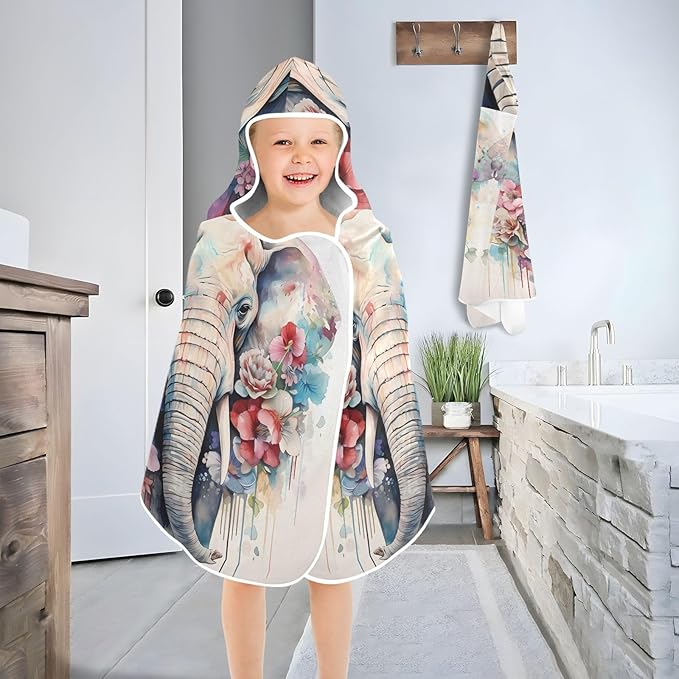 Hooded Towel for Kids Colorful Elephant with Flowers Beach Wrap Bath Towels 50x23.5in