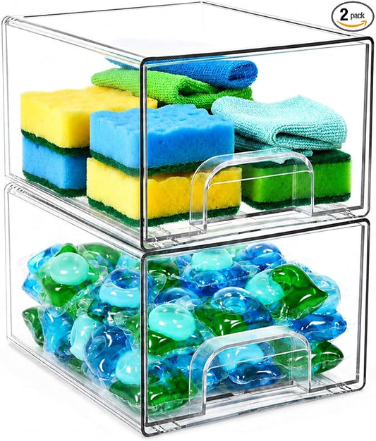 2 Pack Laundry Pods Container, Stackable Laundry Room Organization Storage Drawers, Dryer Sheet Container, Detergent Holder with Pull Handle, Bathroom Organization, Clear