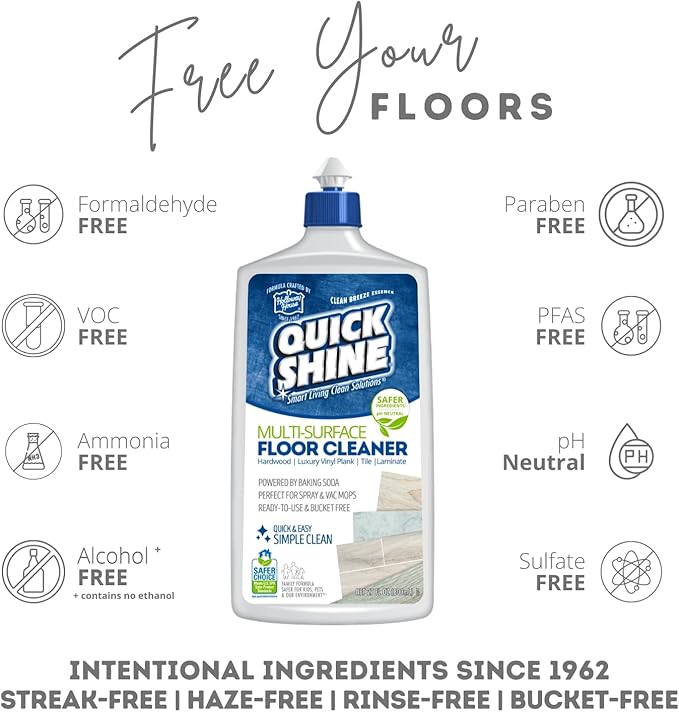 Quick Shine Multi Surface Floor Cleaner 27oz, 2Pk | Ready to Use-Streak Free- No Rinse | Use on Hardwood, Laminate, Luxury Vinyl Plank & Stone | Use in Spray Mops & Vac Mops | Safer Choice Cleaner