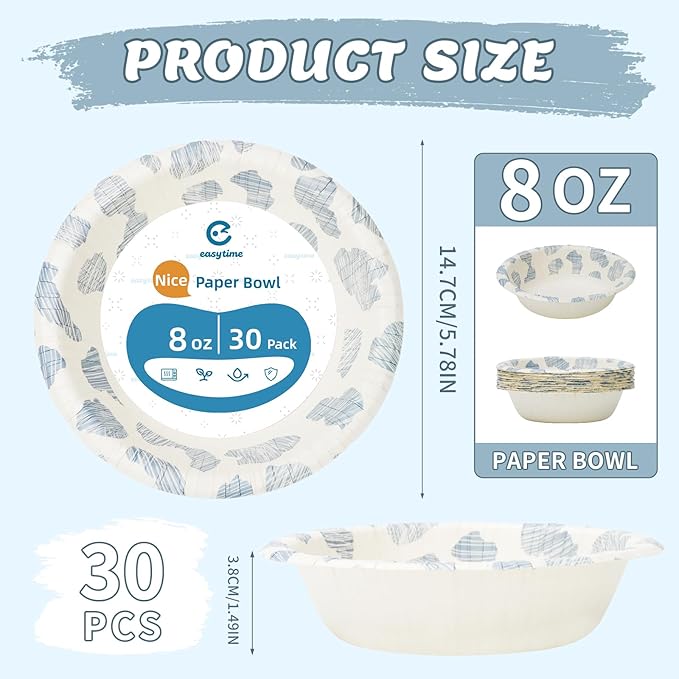 30 Pack Paper Bowls, 8 Oz Disposable Soup Bowl, Heavy Duty Printed Disposable Bowls Bulk For Snacks, Dessert, Breakfast, Lunch And Dinner Meals (Plain Spots)
