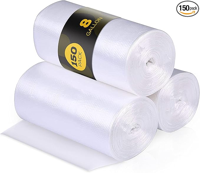 8 Gallon Trash Bags – 150 Small To Medium Garbage Bags | 24" x 24" Clear Waste Basket Trash Bags | Commercial Bulk Plastic Bathroom Trash Can Liners | Office Shredder Bags