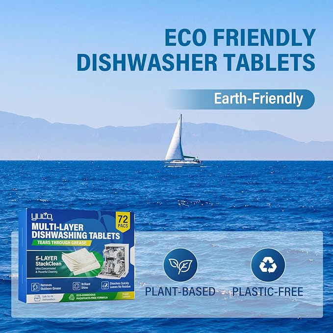 YUCO Dishwasher Detergent Tablets,Solid enzyme 72 Loads Phosphate-Free Dishwasher Detergent Powerful Grease Removal Fast Dissolving Fresh Lemon Scent Safe for All Dishwashers