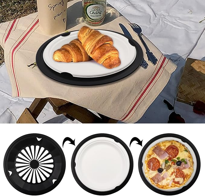 EBIGIC Paper Plate Holders 4 Packs with Snap-in Grooves 10.5 Inch Plastic Paper Plate Holders Reusable Heavy Duty Supports for Picnic Party Dinner Black