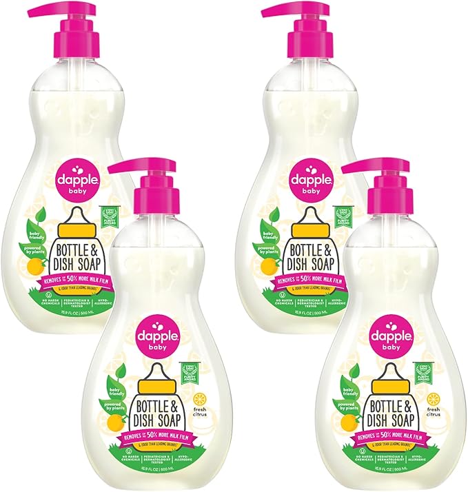 Dapple Baby Fresh Citrus Bottle & Dish Soap - (4 Pack) 16.9 fl oz - Cleans Baby Bottles, Sippy Cups, Pacifiers, Breast Pumps, & More - Gently Removes Milk Film & Odors - Includes 1 Pump