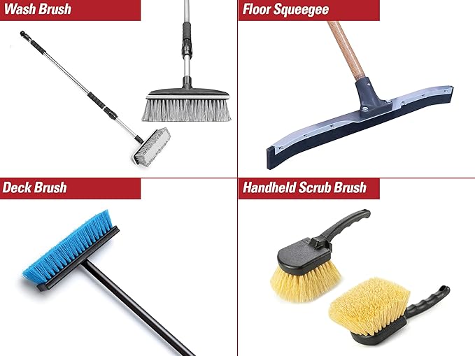 Harper 37518700 All-Purpose Scrubbing & Squeegee Brush Set with 10 in. Wash Brush with Flow-Through Handle, 24 in. Floor Squeegee, 10 in. Deck Brush and 8 in. Handheld Scrub Brush