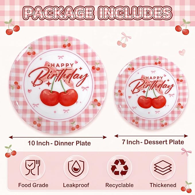 Liacere 32PCS Cherry Birthday Party Plastic Plates for 16 Guests - Includes 10 Inch Dinner and 7 Inch Dessert Disposable Plates - Red Gingham & Cherry Pattern - Ideal for Birthday Party