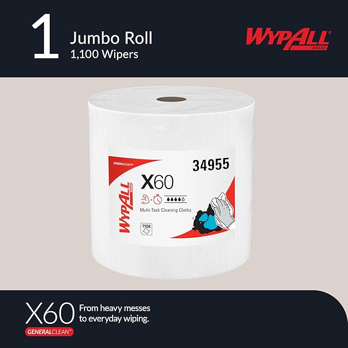 WypAll GeneralClean X60 Cloths Multi-Task Cleaning Wipes, Jumbo (34955), Strong and Absorbent Towels, White (1 Roll of 1,100 Sheets, 1,100 Sheet Total)