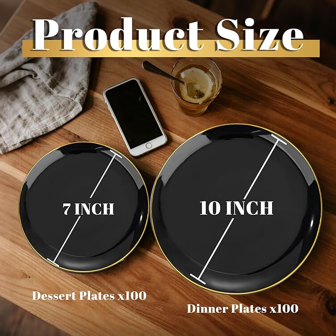 KIRE 200Pcs Black Plastic Plates - Black and Gold Plates Disposable for Party - Include 100 for Dinner and 100 for Dessert for Birthday/Wedding/Graduation/Father's Day