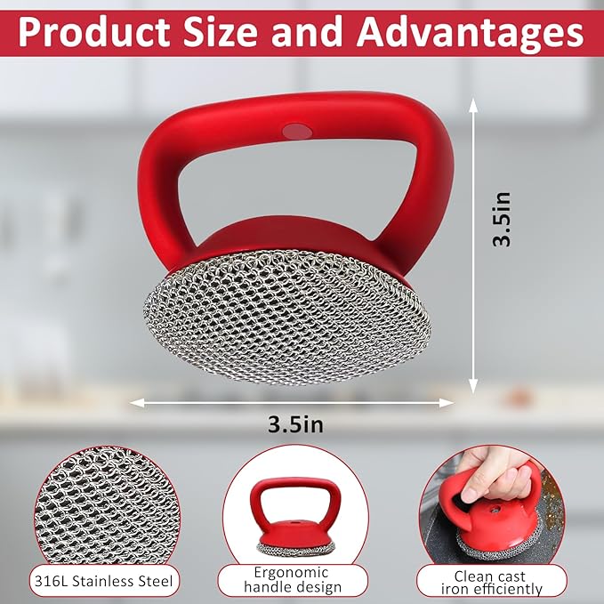 Cast Iron Scrubber with Handle 316L Stainless Steel Chainmail Scrubber for Cast Iron Pan Skillet Cleaner,Skillets and Grills (Black)