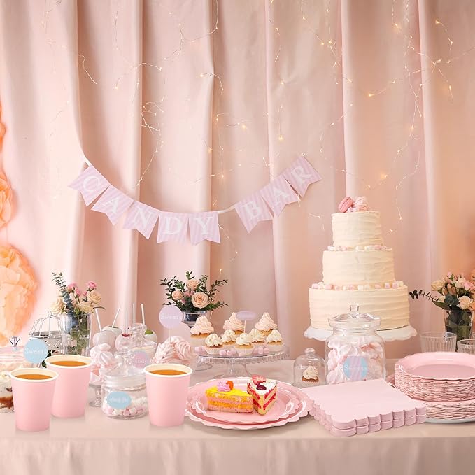 Ziliny 350 Pcs Light Pink Plates and Napkins, 50 Guest Spring Party Supplies Include Scalloped Paper Plates Napkins Cups Plastic Spoons Forks Knives Disposable Tableware Set for Baby Shower