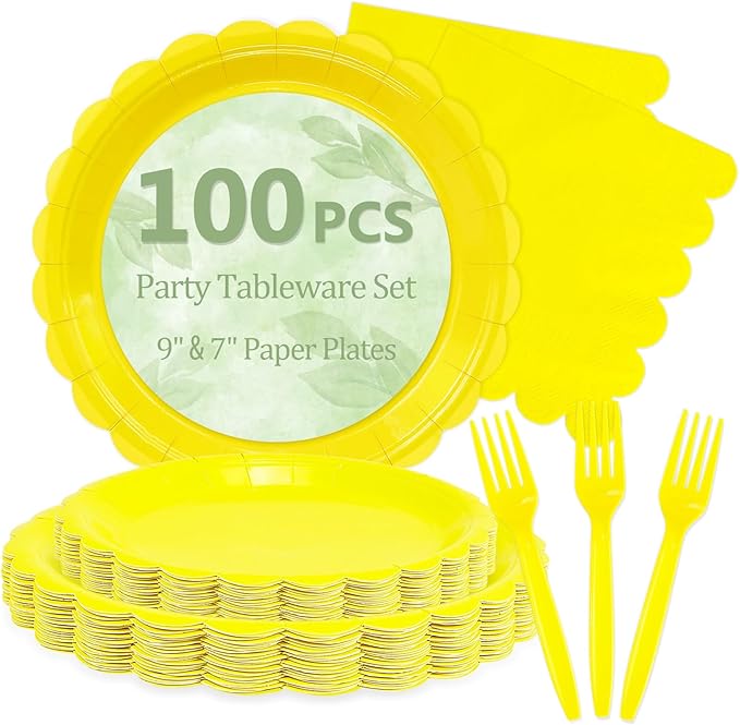 Mulbozy 100 Yellow Plates and Napkins Disposable Set Includes 25-9" & 25-7" Dessert Cake Scalloped Plates, Cocktail Napkins, Forks for for Holiday Party Supplies