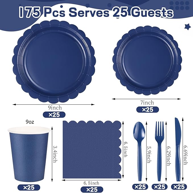 175 Pcs Navy Blue Plates and Napkins, 25 Guest Navy Blue Graduation Party Supplies Includes Scalloped Plates Napkins Cups Plastic Cutlery for 2026 Graduation, Birthday, Wedding, Picnic