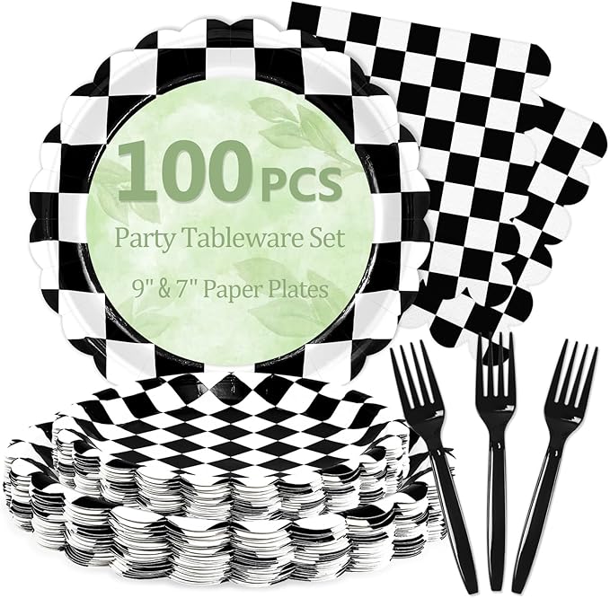 Mulbozy 100 Black Checkered Plates and Napkins Disposable Set Includes 25-9" & 25-7" Dessert Cake Scalloped Plates, Cocktail Napkins, Forks for for Holiday Party Supplies