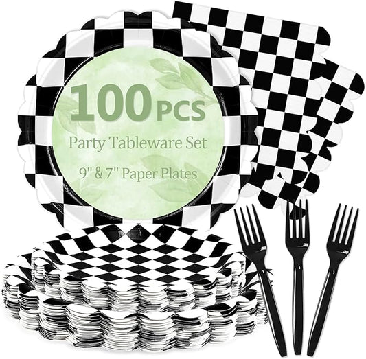 Mulbozy 100 Black Checkered Plates and Napkins Disposable Set Includes 25-9" & 25-7" Dessert Cake Scalloped Plates, Cocktail Napkins, Forks for for Holiday Party Supplies