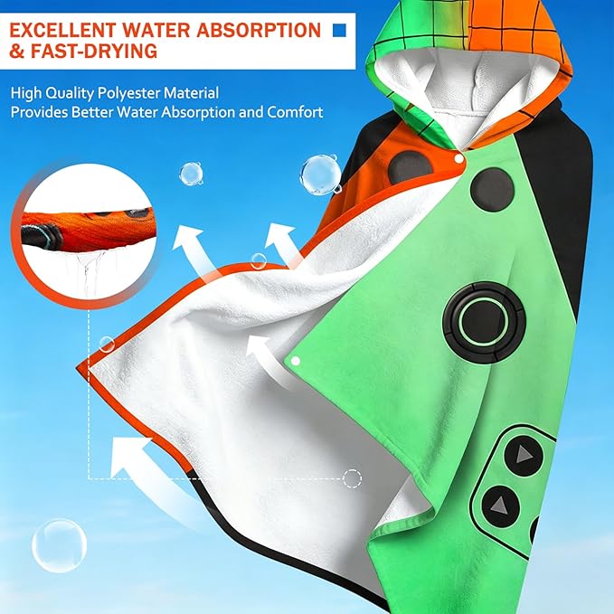 Hooded Towels for Kids - Superfine Fiber Video Game Gamepad Toddler Hood Bath Towels Beach Hooded Poncho Absorbent Pool Toddler Swim Bath Wrap for Boys & Girls 3-10 Years, 60 * 35 inches