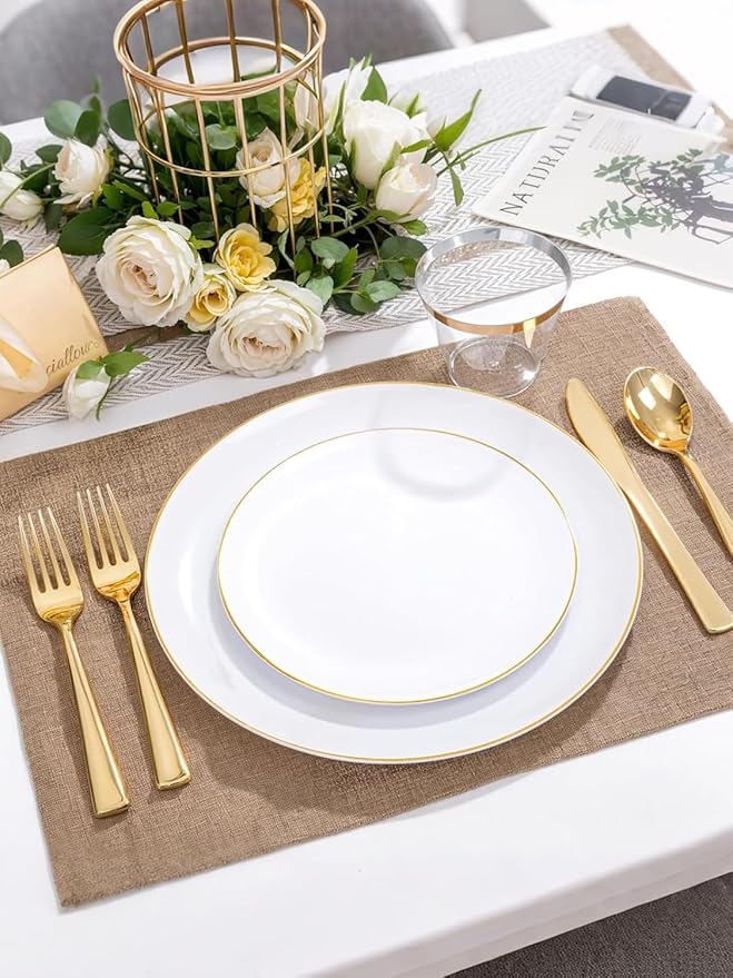 WDF 300Pcs White and Gold Plastic Plates - Gold Plates Disposable - 50 Guest Disposable Dinnerware Include 50 Dinner Plate 50 Dessert Plate 50 Cutlery 50 9oz Cups for Wedding/Birthday/Party