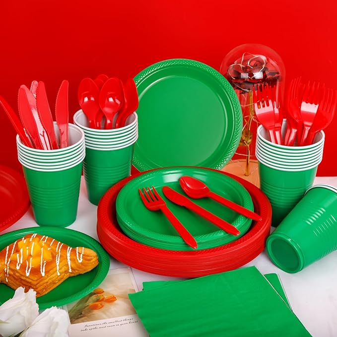 WELLIFE 210Pcs Chrastmas Plates Disposable,Red and Green Plastic Plates,Including red Dinner Plates,Green Dessert Plates, Red Plastic Cutlery, 12OZ green Cups and Napkins,Serve 30 Guests for Chrastmas