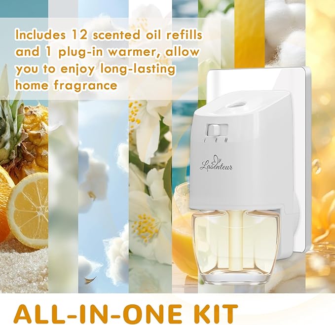 Plug In Air Freshener Refills Starter Kit – 12 Pack Wall Plug In Refills with 1 Adjustable Warmer, Jasmine, Hawaiian, Cotton Scents, Odor Eliminator for Home, Bathroom, Room, House