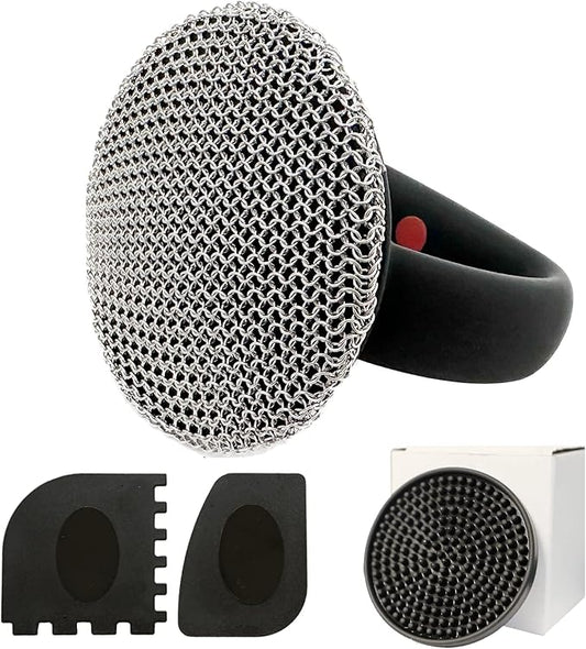 MEIXINZHI Cast Iron Cleaner, Chain Mail Scrubber & Pan Grill Scrapers - 2 in 1 Cast Iron Skillet Cleaner (Black, with mat)