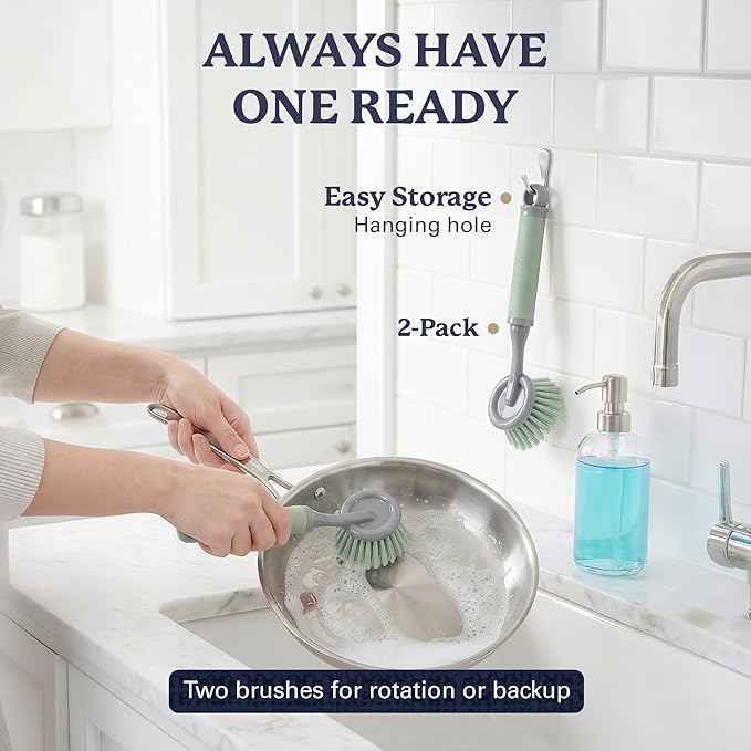 Farberware Dish Brush with Handle – 2 Pack Kitchen Scrub Brush for Dishes, Non-Scratch Dishwashing Brush Set with Firm Bristles for Pots, Pans, & Sink, Soft Grip Handles for Everyday Cleaning