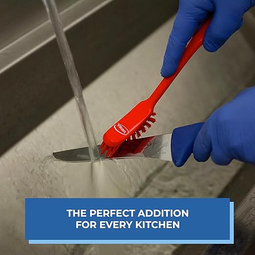 Vikan - Fine Dish Brush - Heavy-Duty, Narrow, Slip-Resistant Cleaning Brush, Polypropylene, Polyester Bristle, 11 Inch, Yellow, (42876)