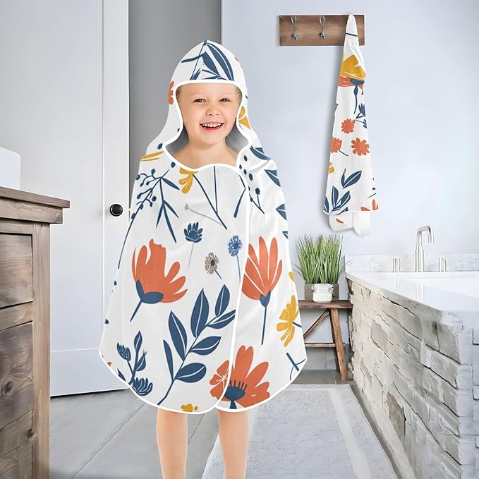 Hooded Towel for Kids Doodle Cute Flowers Beach Wrap Bath Towels 50x23.5in