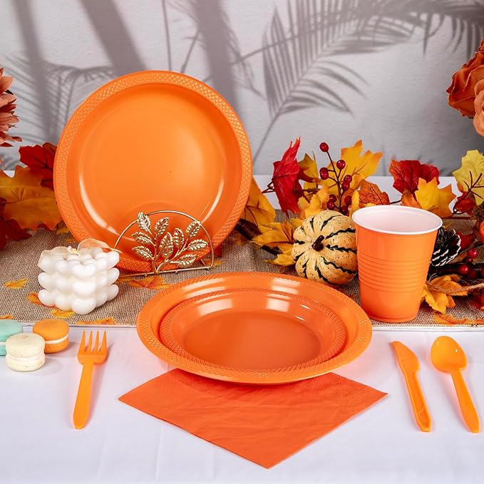 WELLIFE 210Pcs Orange Disposable Plates,Plastic Dinnerware Set for Party,Includes: Orange Plates,Disposable Cutlery,12OZ Plastic Cups and Napkins Serve 30 Guests