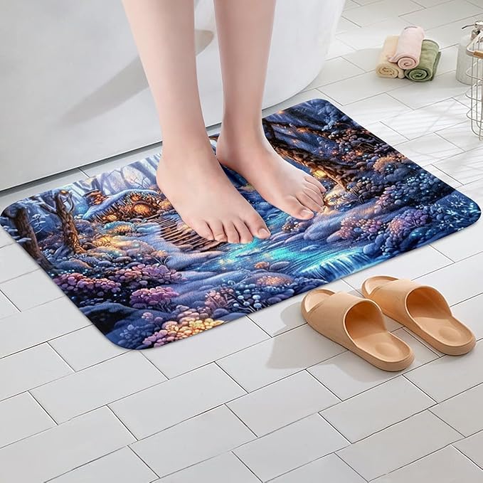Magical Tale Kids Bath Mats,Fairy Tree Jungle Botanical Trippy Mats Rugs for Girls,Waterfall Rustic Farmhouse Cabin Bath Carpets,Blue Dreamy Bath Rugs,Absorbent Floor Mats,20Wx32L Inches