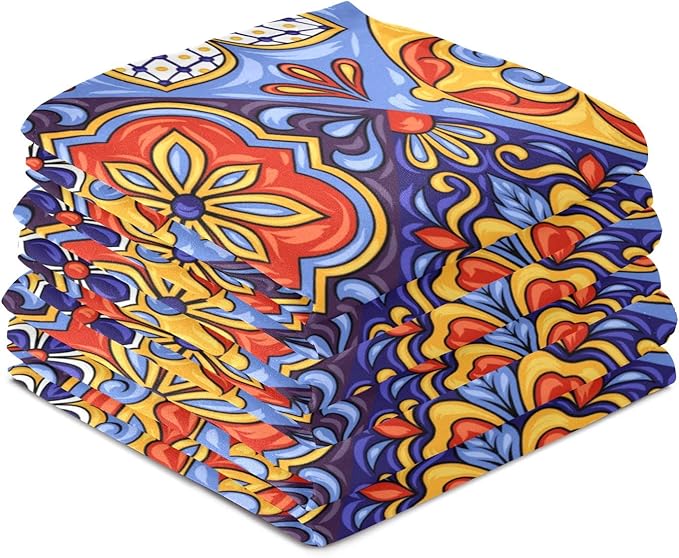 STAYTOP Mexican Talavera Ceramic Tile Pattern Kitchen Towels Set of 4, Super Soft and Strong Absorption Multifunctional Table and Tea Towels, 28x18in