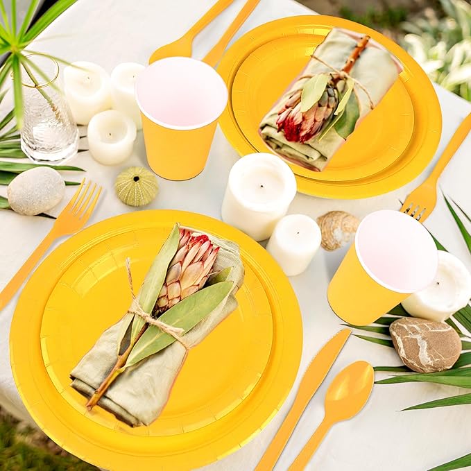 228PCS Yellow Party Supplies Set Include Paper Plates Cups Paper Napkins Plastic Spoons Forks Knives for 30 Guests Disposable Party Dinnerware for Birthday Wedding Family Picnic