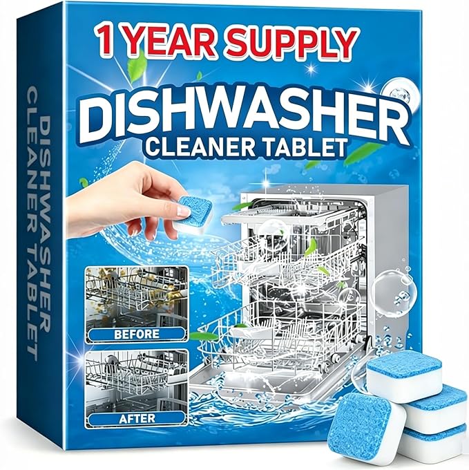 Heavy Duty Dishwasher Cleaner & Deodorizer Tablets, Descaler, Deep Cleaning, Natural Odor & Smell Remover, Calcium, Limescale, Hard Water Marks, Grease, Septic Safe Pods (12 Tabs 1 Yr Supply)