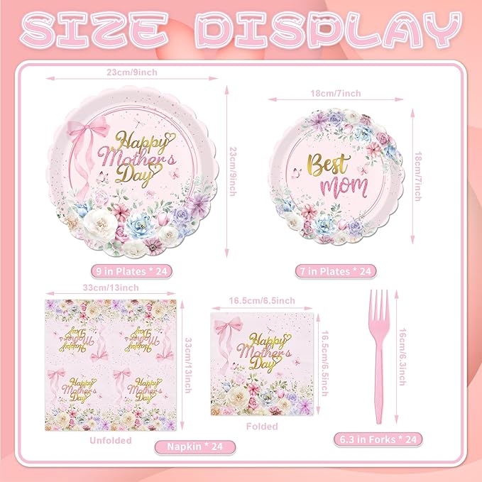 Gistome 96 Pieces Mother’s Day Floral Tableware Set – Pink Scalloped Disposable Plates, Napkins and Forks for Mother’s Day Party, Brunch, Tea Party, and Spring Celebrations – Serves 24 Guests