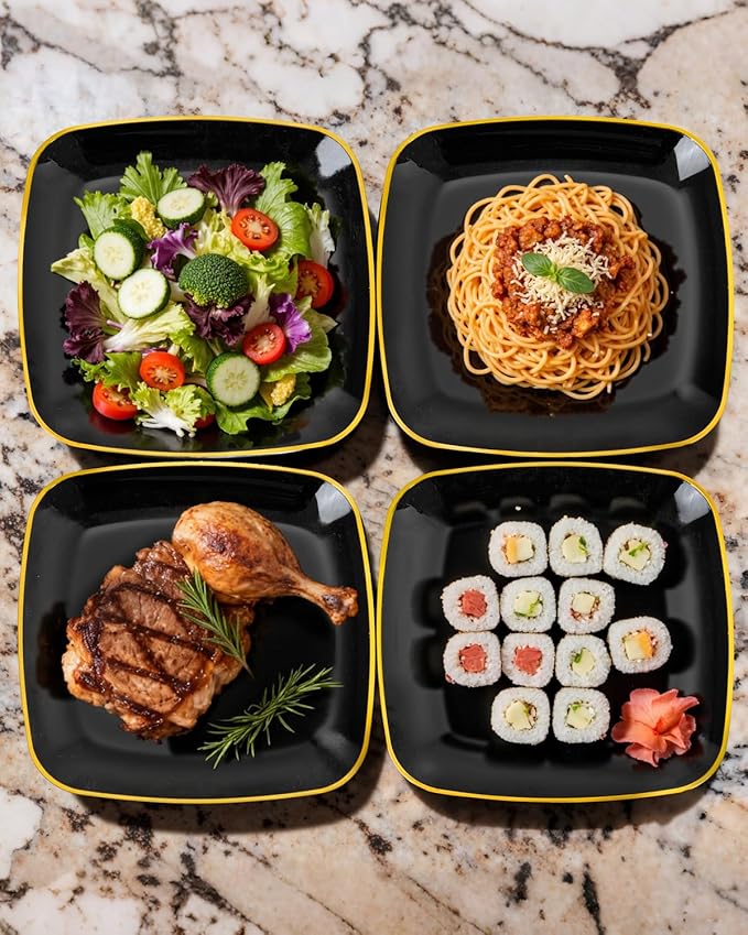 bUCLA 100PCS Black Plastic Plates with Gold Trim - Heavy Duty Black Gold Square Plates Disposable - Include 50 Each (Dinner & Dessert) for Party & Graduation