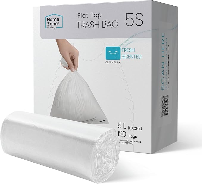 Home Zone Living 1.3 Gallon Trash Bags with Fresh Scent, Heavy Duty Custom Fit Design for 5 Liter Wastebasket Liners, Code 5S, 120-Count