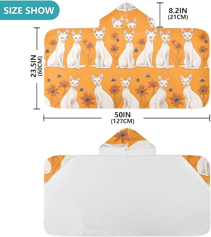 Kids Hooded Beach Towel Energetic Sphynx Cats Orange Hooded Beach Towel for Girl Boy Quick Dry Bath Towel with Hood