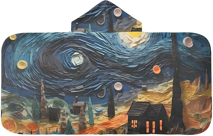 Hooded Towel for Kids House and Starry Night Oil Painting Beach Wrap Bath Towels 50x23.5in