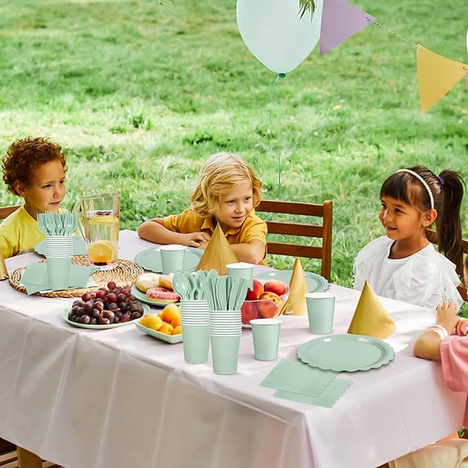 350 Pcs Sage Green Paper Plates and Napkins, Sage Green Party Supplies Include Green Scalloped Plate Paper Napkin Cup Plastic Cutlery for Baby Shower, Wedding, Birthday