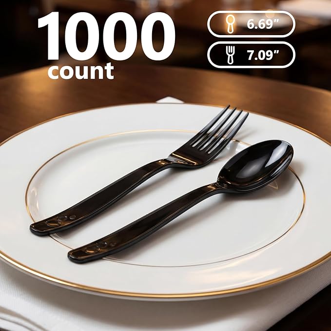 SACATR 1000 Count Black Plastic Cutlery Set (500 Spoons 500 Forks) Heavy Duty Disposable Bulk Silverware for Restaurant Catering Events