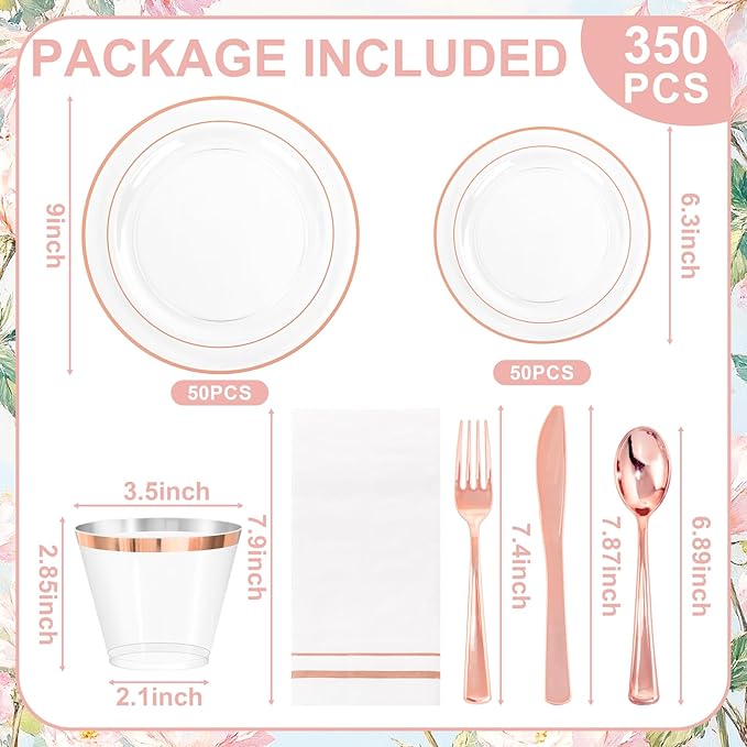 GATHER 350PCS Rose Gold Plastic Plates - Disposable Rose Gold Dinnerware Includes 100 Clear Rose Golds Rimmed Plastic Plates, 150 Silverware, 50 Napkins, 50 Cups for Party, Wedding