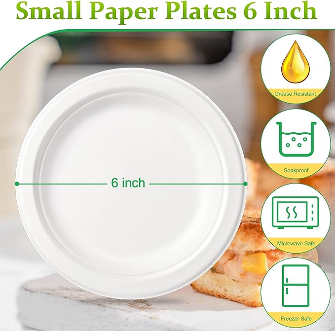 Paper Plates 6 inch, 50 Pack Small Plates, Eco Friendly Disposable Plates Made of Sugarcane Fibers, 100% Compostable Plates, Dessert Plates, White
