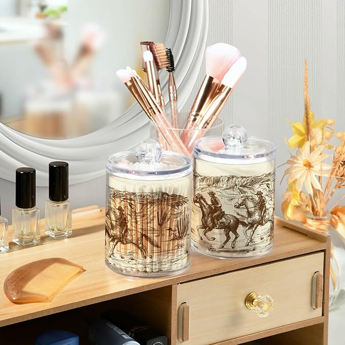Blueangle 4PCS American West Cowboy Qtip Holder Dispenser with Lids - Apothecary Jar Containers for Vanity Organizer Storage - Plastic Food Storage Canisters