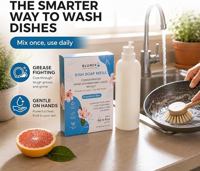 Dish Soap Refill Powder-to-Liquid Concentrate, Just Add Cool Water, Grapefruit Scent, 4 Packets Make 4 x 16 fl oz Bottles, Grease-Fighting, Plastic-Free