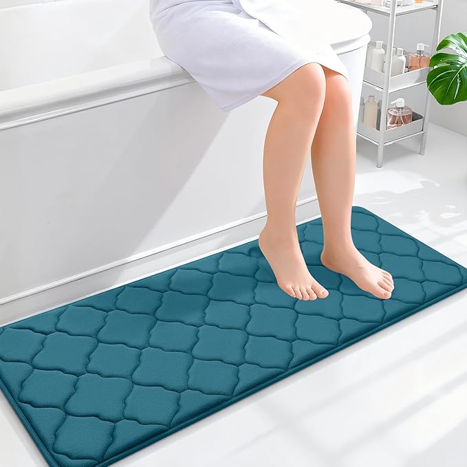 OLANLY Memory Foam Bath Mat Rug 47x17, Ultra Soft and Absorbent Bathroom Rugs, Non-Slip, Comfortable, Machine Washable Bath Carpet for Bathroom Floor, Shower and Home Decor Accessories, Peacock Blue