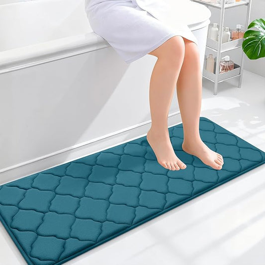 OLANLY Memory Foam Bath Mat Rug 47x17, Ultra Soft and Absorbent Bathroom Rugs, Non-Slip, Comfortable, Machine Washable Bath Carpet for Bathroom Floor, Shower and Home Decor Accessories, Peacock Blue